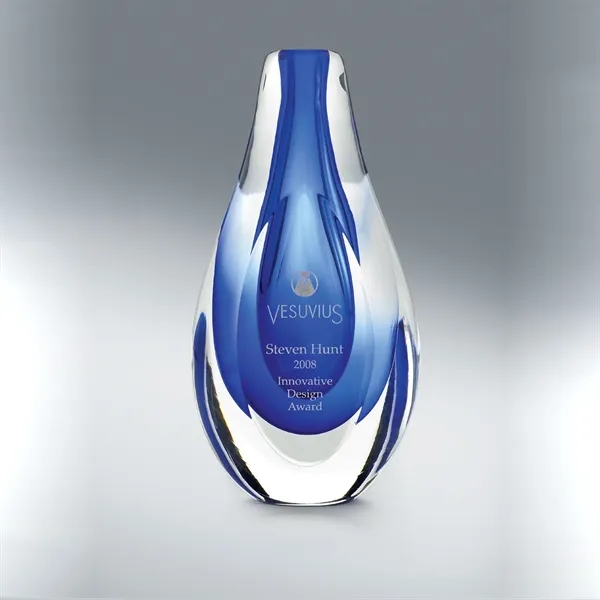 Glass art award with rounded curves, teardrop shape and deep blue... from ASI 68507 The Magnet Group / Benchmark Crystal & Clocks