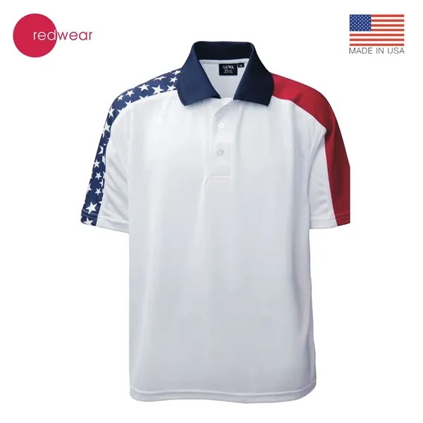 Men's short-sleeved polo shirt with patriotic detailing. Made in the U.S.A.... from ASI 62820 International Merch Concepts