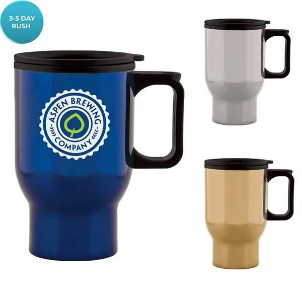 15 ounce stainless steel insulated mug with plastic liner, thumb-slide lid... from ASI 57653 Gold Bond