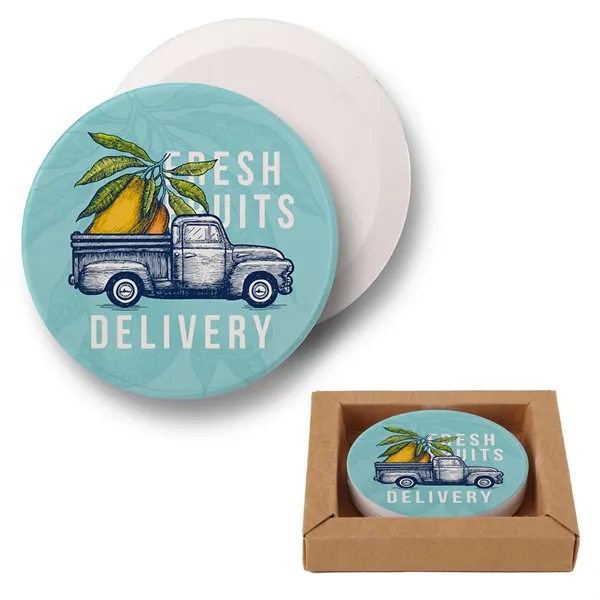 Two-piece ceramic absorbent car coaster set in elegant kraft paper box... from ASI 61966 HPG / Beacon Promotions