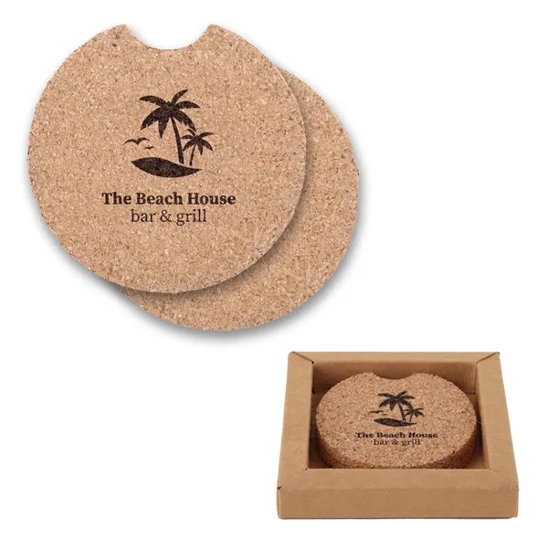 Two-piece cork coaster with thumb notch in elegant Kraft paper box... from ASI 61966 HPG / Beacon Promotions