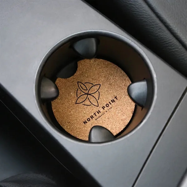 Two-piece cork coaster with thumb notch in elegant Kraft paper box... from ASI 61966 HPG / Beacon Promotions