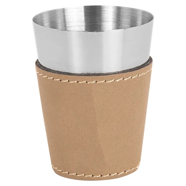 Two-ounce stainless steel and light brown PU leatherette shot glass.... from ASI 74601 Calico