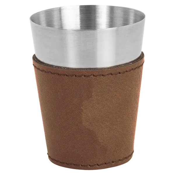 Two-ounce stainless steel and dark brown PU leatherette shot glass.... from ASI 74601 Calico