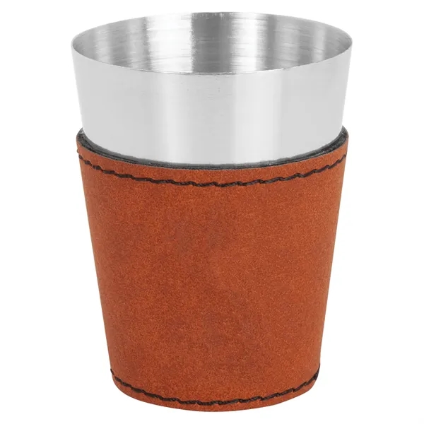 Two-ounce stainless steel and rawhide PU leatherette shot glass.... from ASI 74601 Calico