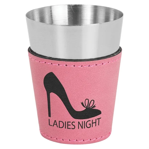Two-ounce stainless steel and pink PU leatherette shot glass.... from ASI 74601 Calico