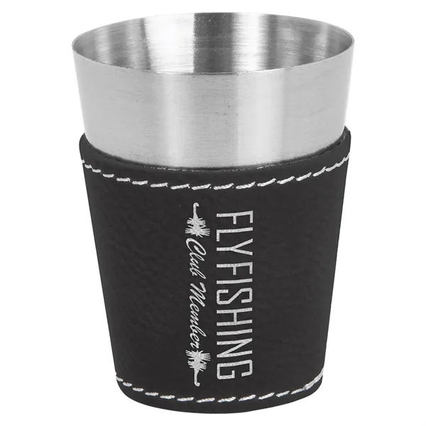 Two-ounce stainless steel and black and silver PU leatherette shot glass.... from ASI 74601 Calico