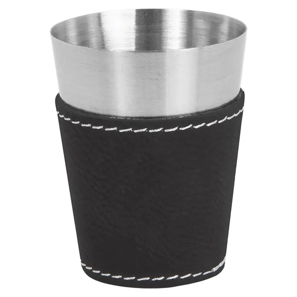 Two-ounce stainless steel and black and silver PU leatherette shot glass.... from ASI 74601 Calico