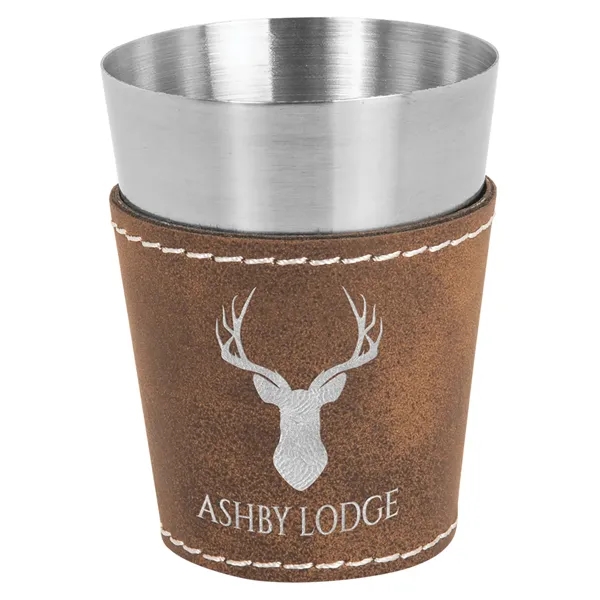Two-ounce stainless steel and rustic silver PU leatherette shot glass.... from ASI 74601 Calico