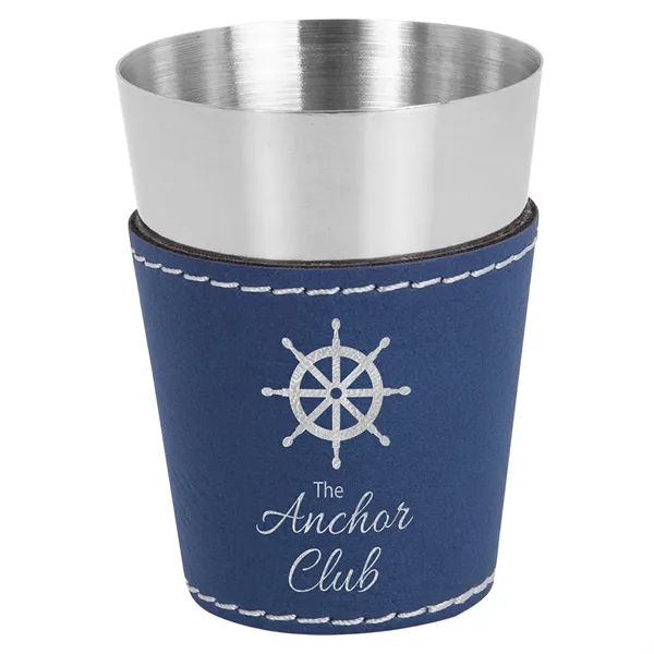 Two-ounce stainless steel and blue and silver PU leatherette shot glass.... from ASI 74601 Calico