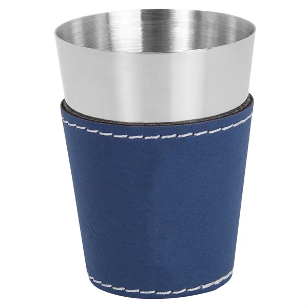 Two-ounce stainless steel and blue and silver PU leatherette shot glass.... from ASI 74601 Calico