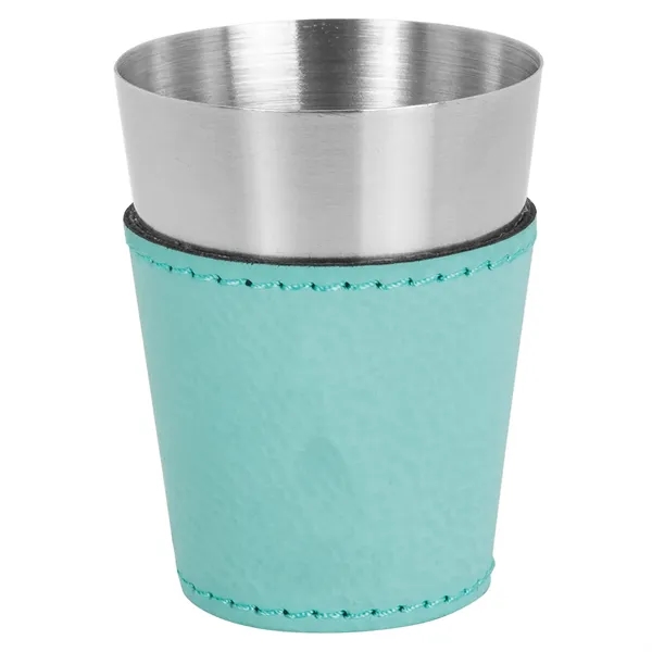 Two-ounce stainless steel and teal PU leatherette shot glass.... from ASI 74601 Calico