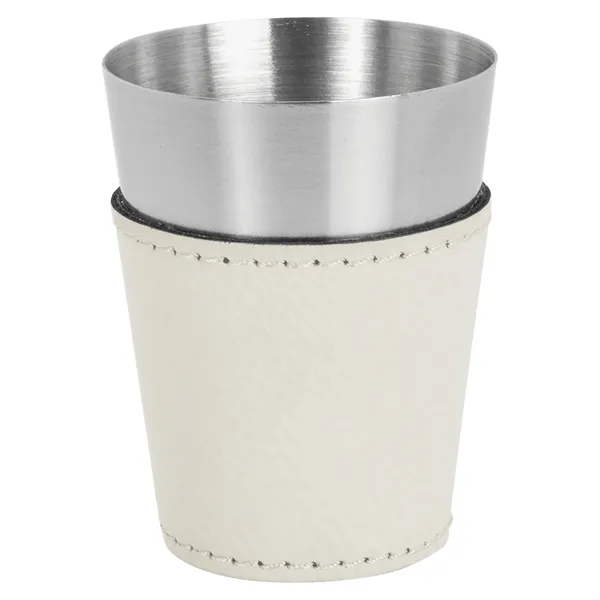 Two-ounce stainless steel and white PU leatherette shot glass.... from ASI 74601 Calico
