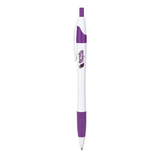 Plunger action ballpoint pen with hourglass barrel design and soft rubber... from ASI 67866 Logomark/Valumark / Valumark™