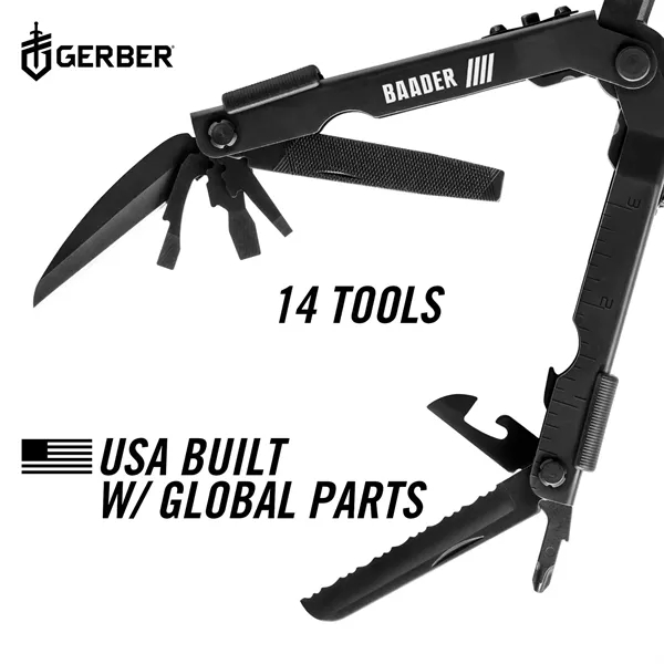 Black multi-tool with needle nose pliers, blade, file, saw, bottle/can opener,... from ASI 46170 Compass Industries Inc