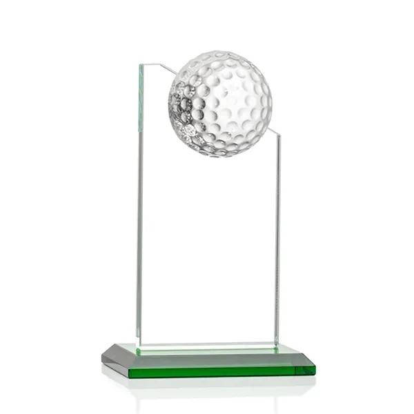 Beautiful 6" golf optical crystal award with 1/2 golf ball attached... from ASI 84592 St Regis Group / St Regis