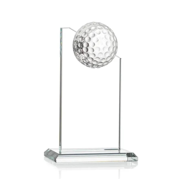 Beautiful 6" golf optical crystal award with 1/2 golf ball attached... from ASI 84592 St Regis Group / St Regis