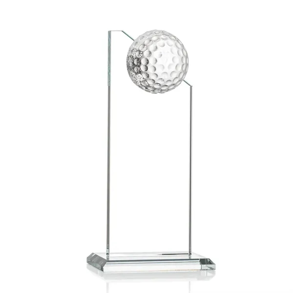 Beautiful 6" golf optical crystal award with 1/2 golf ball attached... from ASI 84592 St Regis Group / St Regis