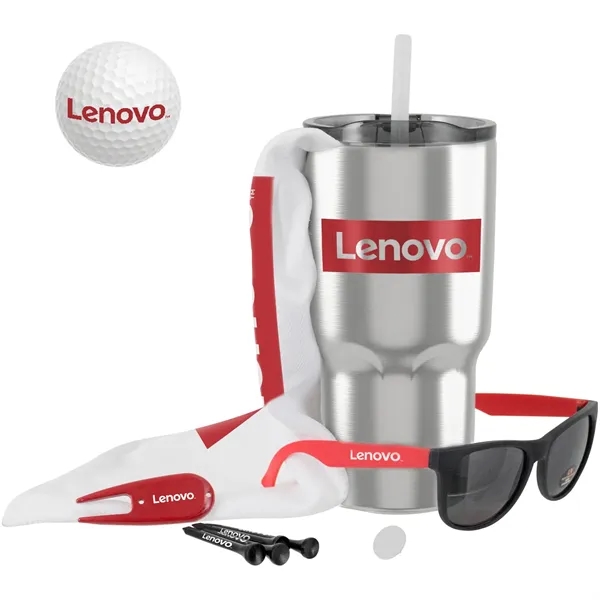 Golf kit with a golf ball, 26-ounce tumbler, rally towel, 4... from ASI 57653 Gold Bond