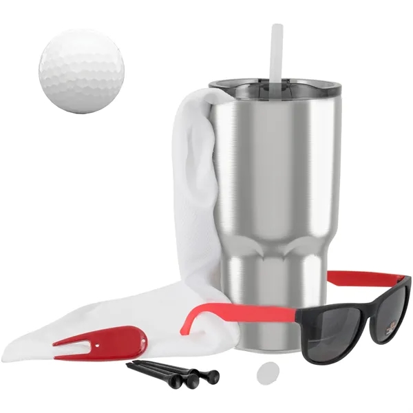 Golf kit with a golf ball, 26-ounce tumbler, rally towel, 4... from ASI 57653 Gold Bond