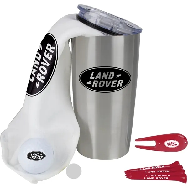Golf kit with a golf ball, vacuum-insulated tumbler, golf towel, 4... from ASI 57653 Gold Bond