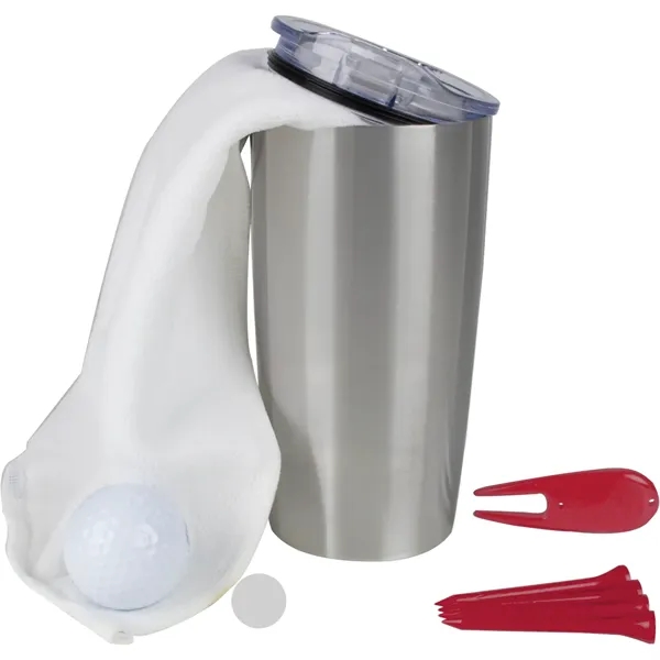 Golf kit with a golf ball, vacuum-insulated tumbler, golf towel, 4... from ASI 57653 Gold Bond