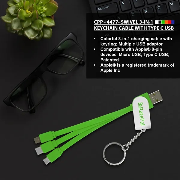 Swivel 3-In-1 Keychain Cable With Type C USB... from ASI 30208 A P Specialties / AP Specialties