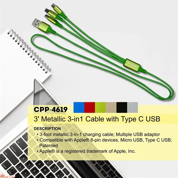 3' METALLIC 3-IN-1 CABLE WITH TYPE C USB... from ASI 30208 A P Specialties / AP Specialties