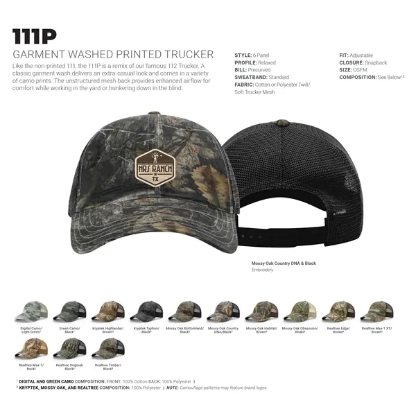 This garment-washed, mesh back printed trucker cap is all about comfort... from ASI 74601 Calico