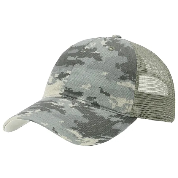 This garment-washed, mesh back printed trucker cap is all about comfort... from ASI 74601 Calico