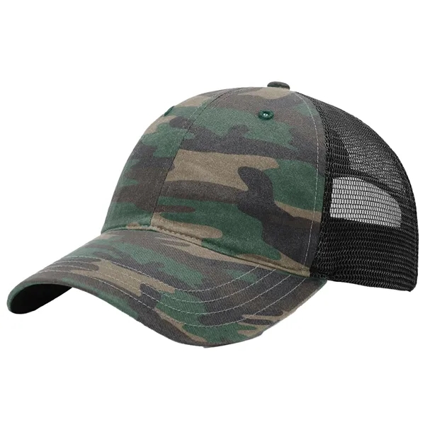 This garment-washed, mesh back printed trucker cap is all about comfort... from ASI 74601 Calico