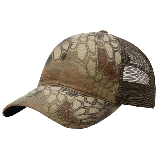 This garment-washed, mesh back printed trucker cap is all about comfort... from ASI 74601 Calico