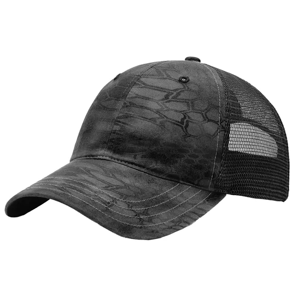 This garment-washed, mesh back printed trucker cap is all about comfort... from ASI 74601 Calico