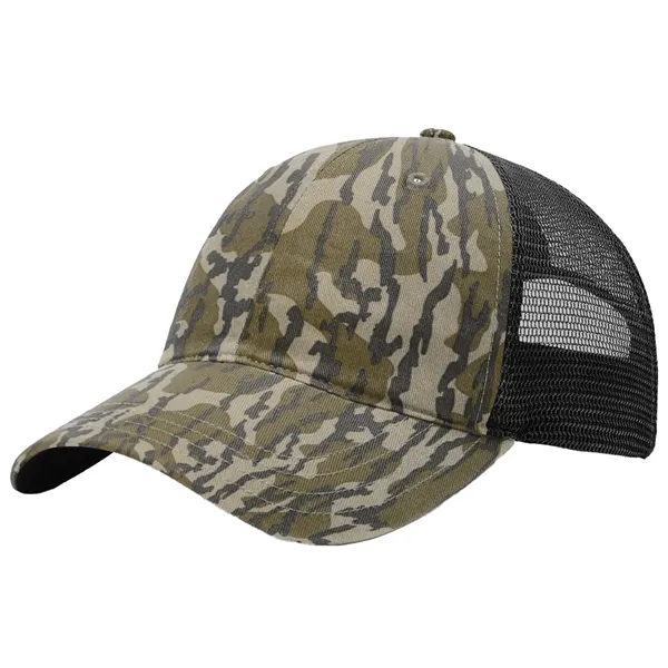 This garment-washed, mesh back printed trucker cap is all about comfort... from ASI 74601 Calico