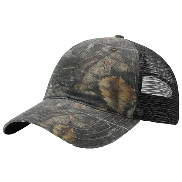 This garment-washed, mesh back printed trucker cap is all about comfort... from ASI 74601 Calico