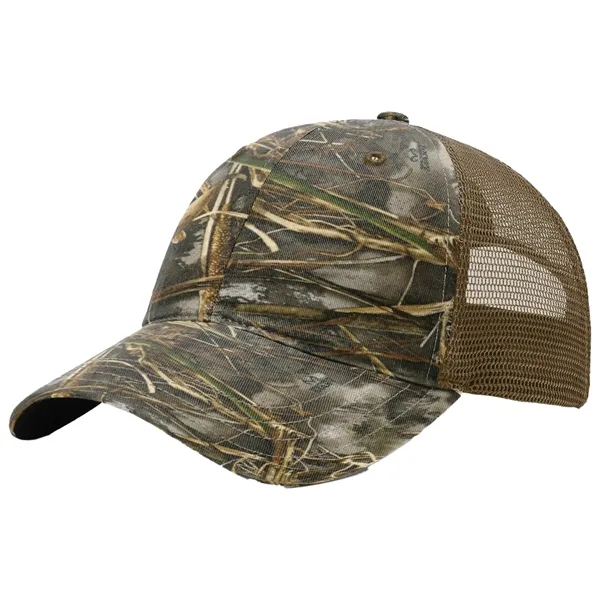 This garment-washed, mesh back printed trucker cap is all about comfort... from ASI 74601 Calico