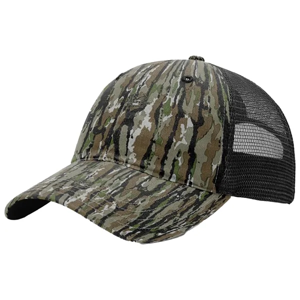 This garment-washed, mesh back printed trucker cap is all about comfort... from ASI 74601 Calico