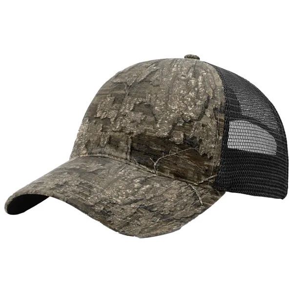 This garment-washed, mesh back printed trucker cap is all about comfort... from ASI 74601 Calico