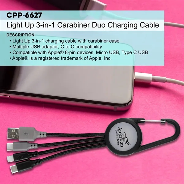 Light Up 3-in-1 Carabiner Duo Charging Cable... from ASI 30208 A P Specialties / AP Specialties
