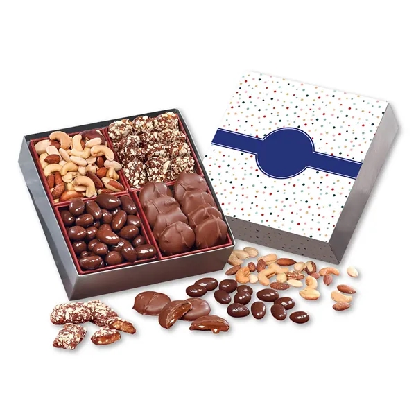 Gift box with a bubbles sleeve filled with chocolates and nuts.... from ASI 68680 Maple Ridge Farms Inc