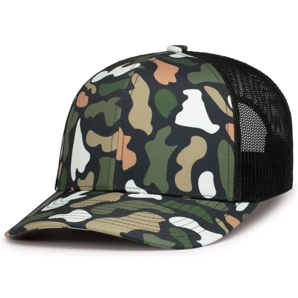 Duck Camo Trucker Snapback Cap featuring features a sublimated camo print.... from ASI 37461 Augusta Sportswear / Pacific Headwear