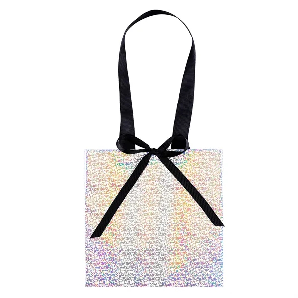 157 GSM iridescent-silver paper totes with a color-shifting, reflective finish, paired... from ASI 37940 Bag Makers Inc