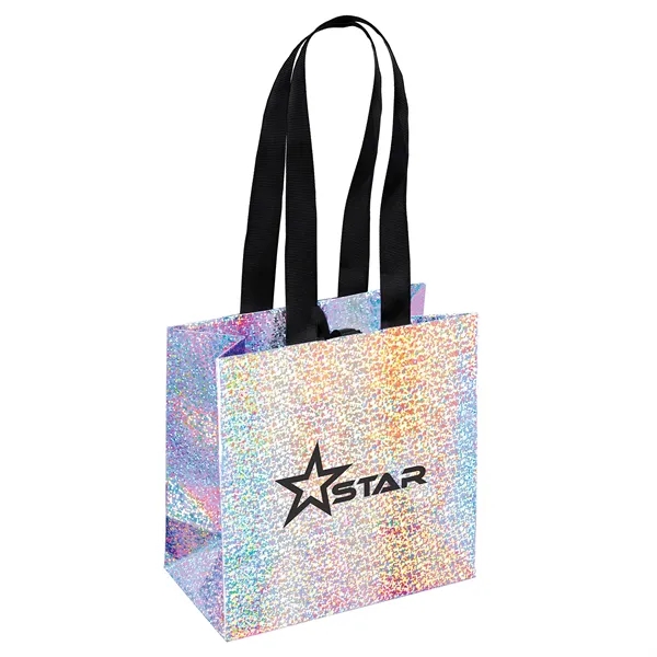 157 GSM iridescent-silver paper totes with a color-shifting, reflective finish, paired... from ASI 37940 Bag Makers Inc
