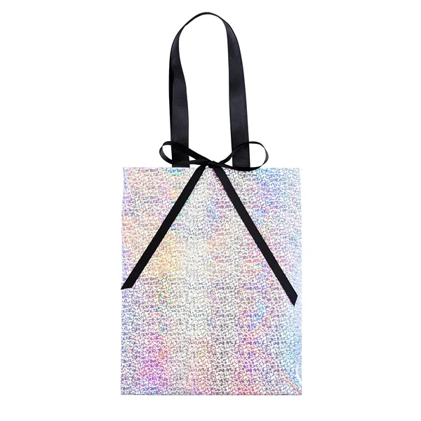 157 GSM iridescent-silver paper totes with a color-shifting, reflective finish, paired... from ASI 37940 Bag Makers Inc