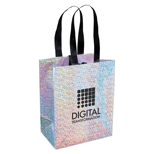 157 GSM iridescent-silver paper totes with a color-shifting, reflective finish, paired... from ASI 37940 Bag Makers Inc