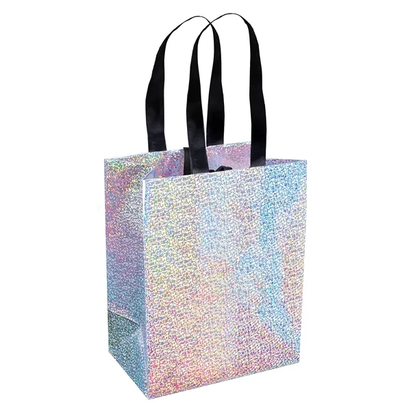 157 GSM iridescent-silver paper totes with a color-shifting, reflective finish, paired... from ASI 37940 Bag Makers Inc