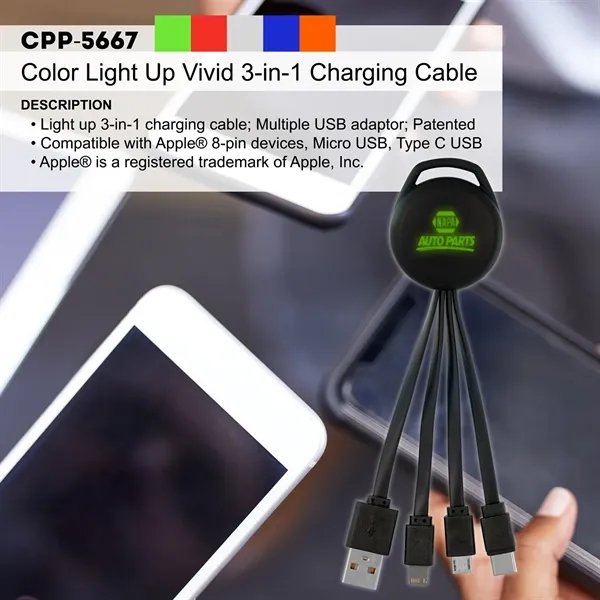 COLOR LIGHT UP VIVID 3-IN-1 CHARGING CABLE... from ASI 30208 A P Specialties / AP Specialties