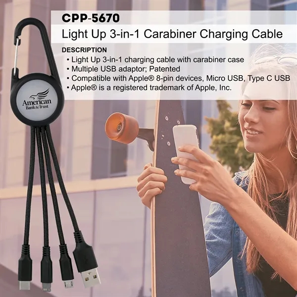 LIGHT UP 3-IN-1 CARABINER CHARGING CABLE... from ASI 30208 A P Specialties / AP Specialties