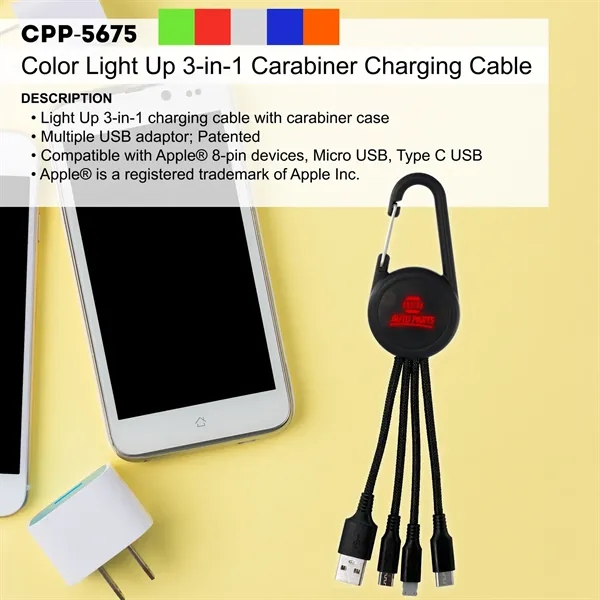 COLOR LIGHT UP 3-IN-1 CARABINER CHARGING CABLE... from ASI 30208 A P Specialties / AP Specialties