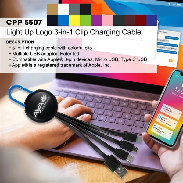 LIGHT UP LOGO CLIP 3 IN 1 CHARGING CABLE... from ASI 30208 A P Specialties / AP Specialties